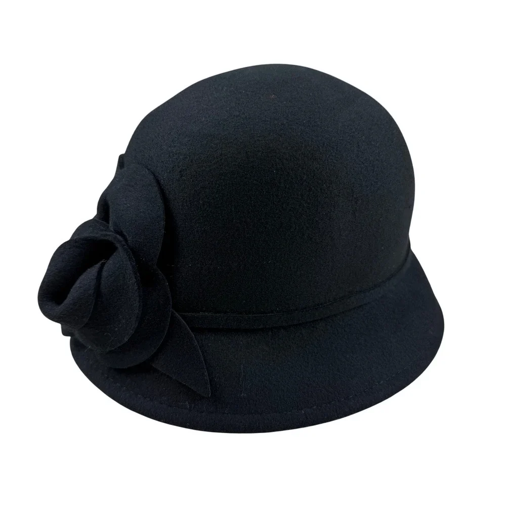 Women's Nine West Wool Black Cloche Hat with‎ Flower Felt Accent